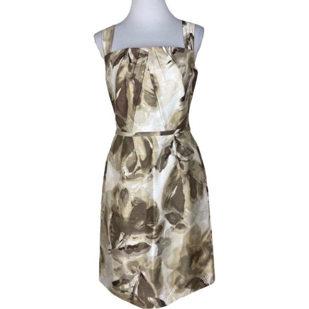Tahari Arthur S Levine Derek Dress 6 Ivory Tan Floral Sheath‎ Square Neck NEW
